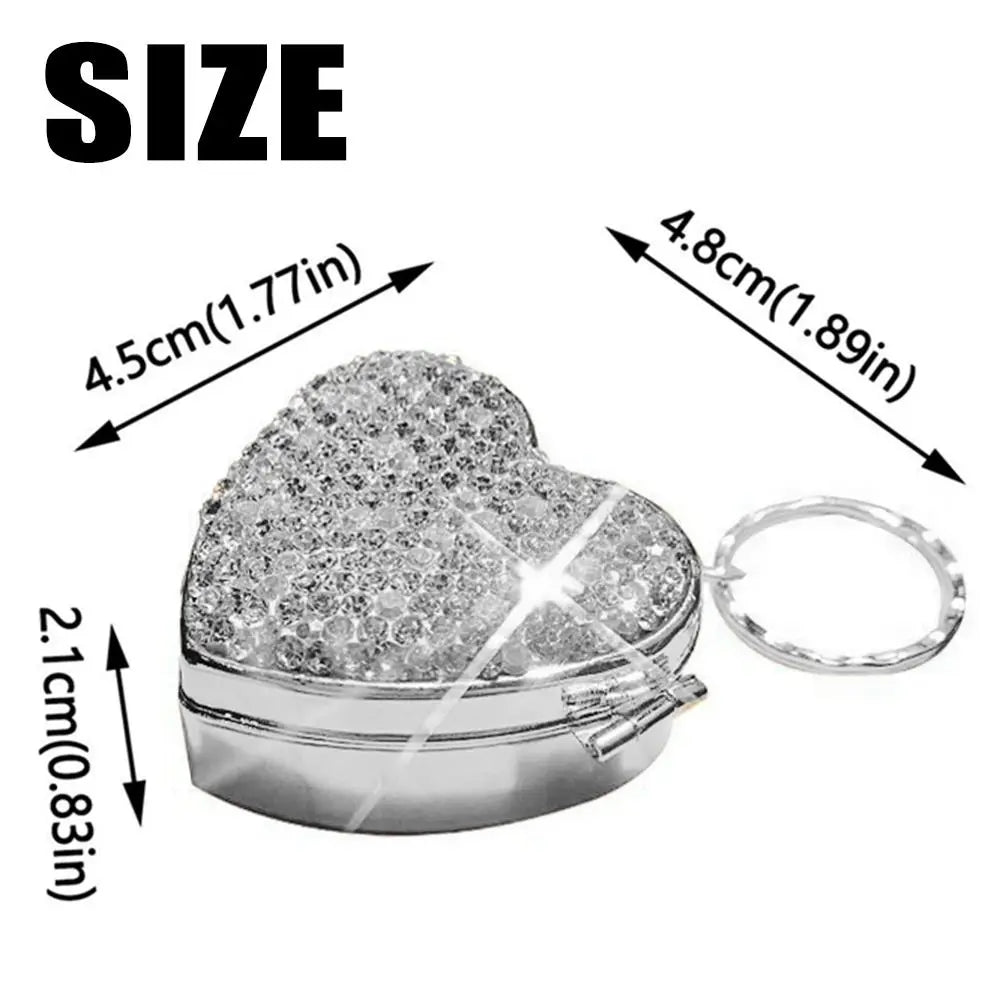Shiny Rhinestone Heart Pill Box/Jewellery box – Mini Metal Travel Organizer with 2 Sections