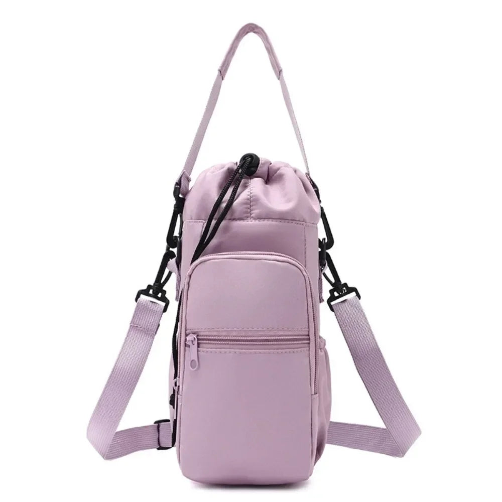 Insulated water bottle bag in purple with adjustable crossbody strap and front zip phone pocket
