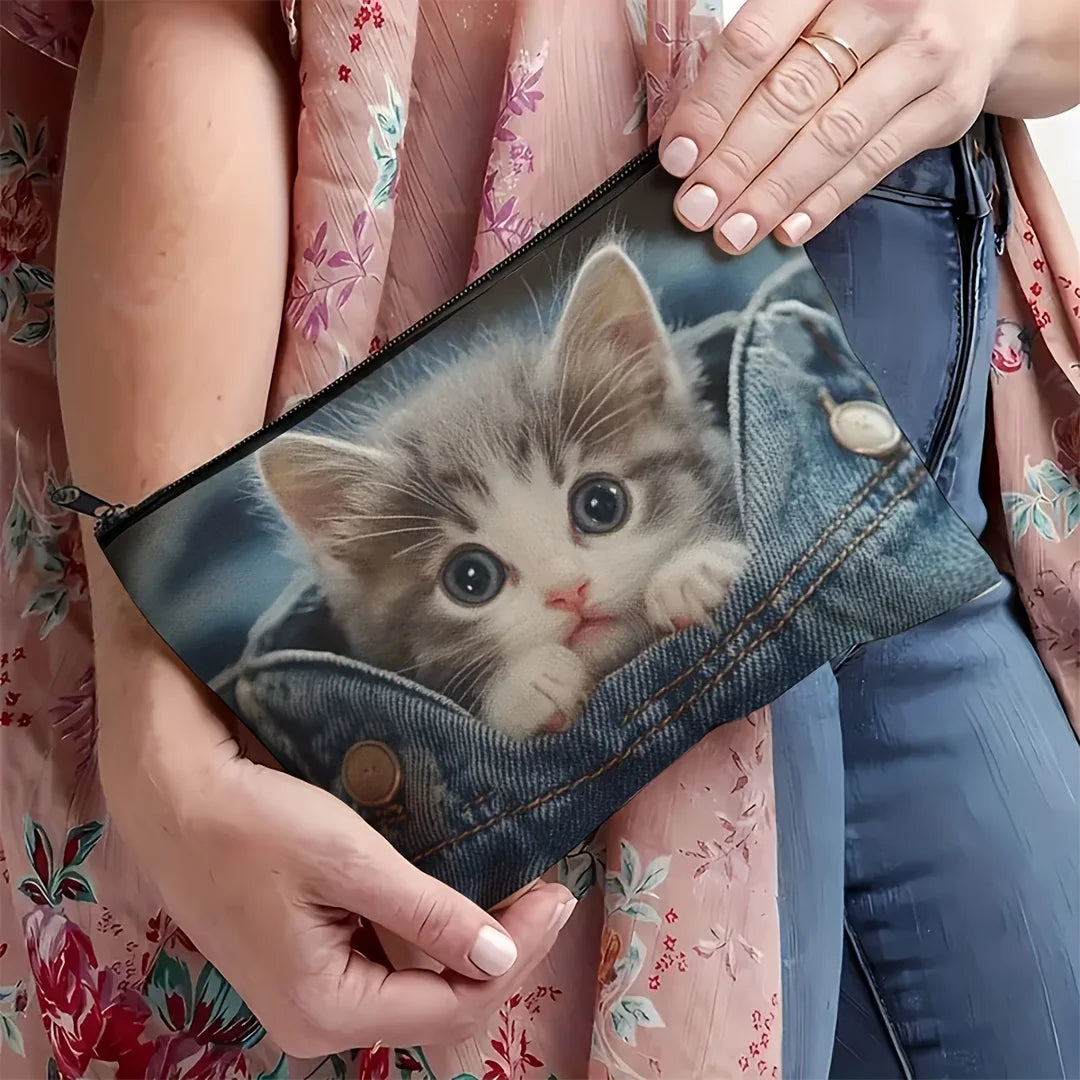 Mini Cat Themed Makeup Bag - Cute Multifunctional Cosmetic & Jewellery Organizer Pouch