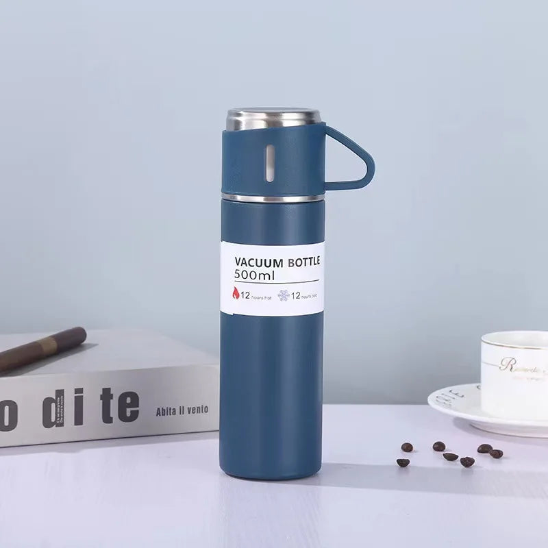 500ml stainless steel vacuum flask in Blue with cup lid showing vacuum bottle label