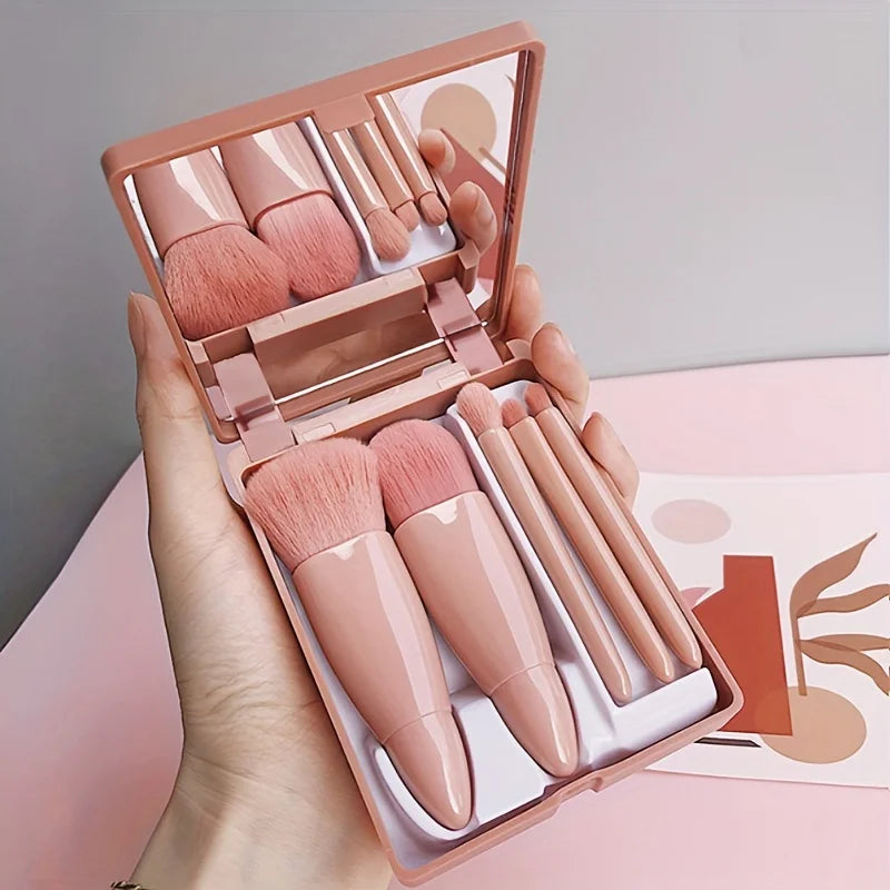 5Pcs Portable Mini Makeup Brush Set With Mirror Foldable Travel Cosmetic Brush Kit for Daily Makeup & Travel Use