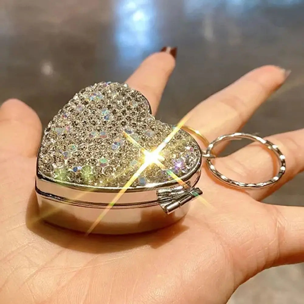 Shiny Rhinestone Heart Pill Box/Jewellery box – Mini Metal Travel Organizer with 2 Sections