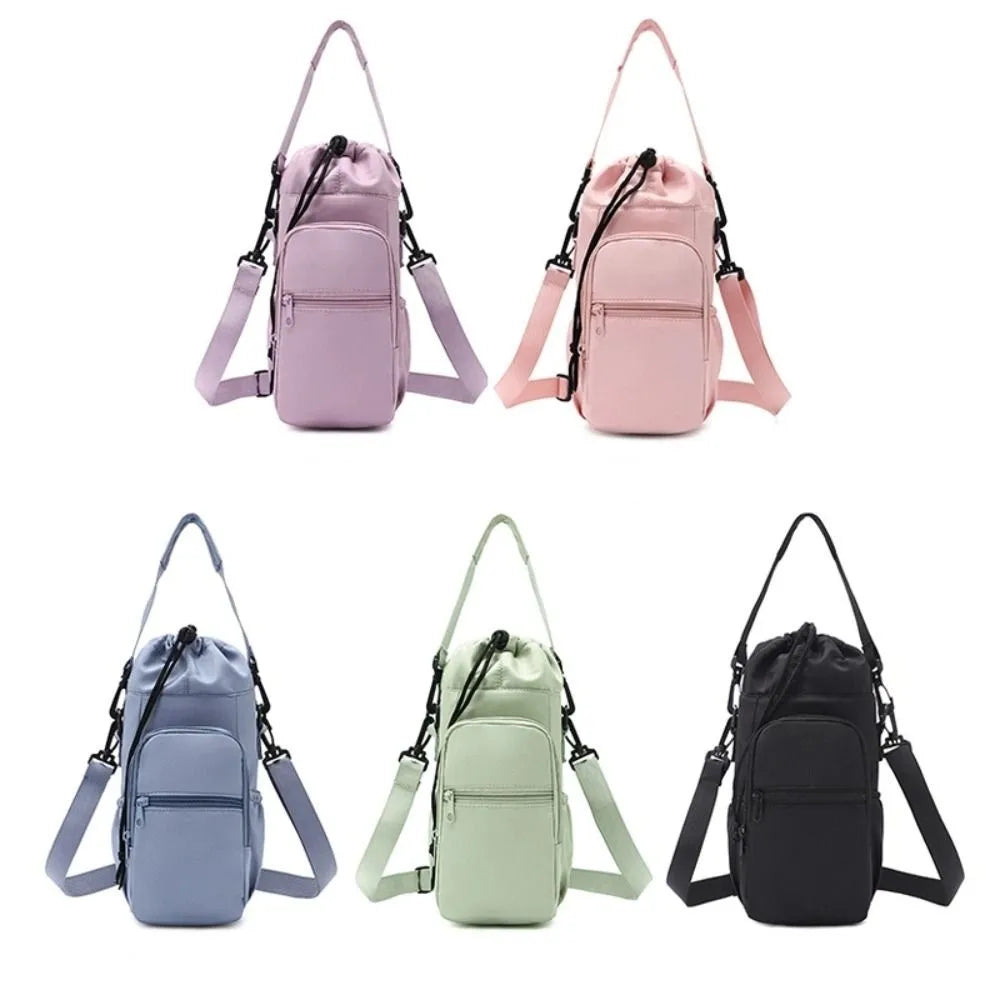 Insulated water bottle bag showing colour range including pink, green, purple, blue and black