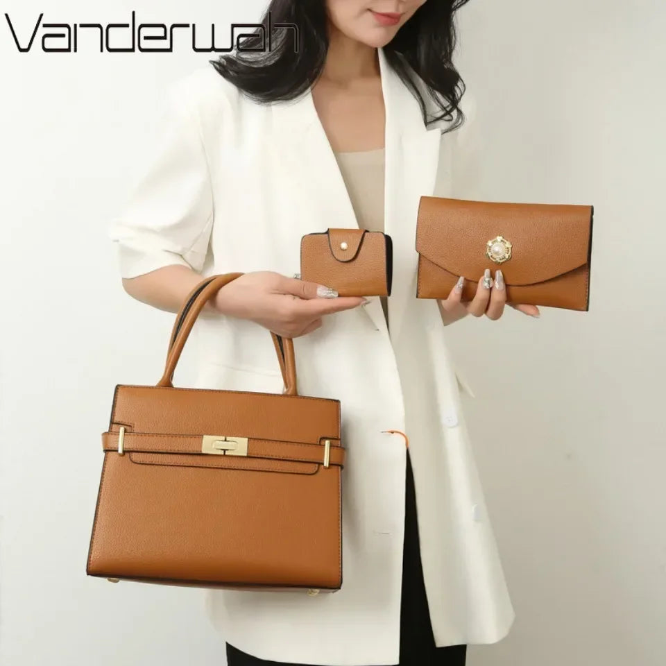 3‑Piece Premium Vegan Leather Bag Set – Shoulder Bag + Coin Purse + Card Holder