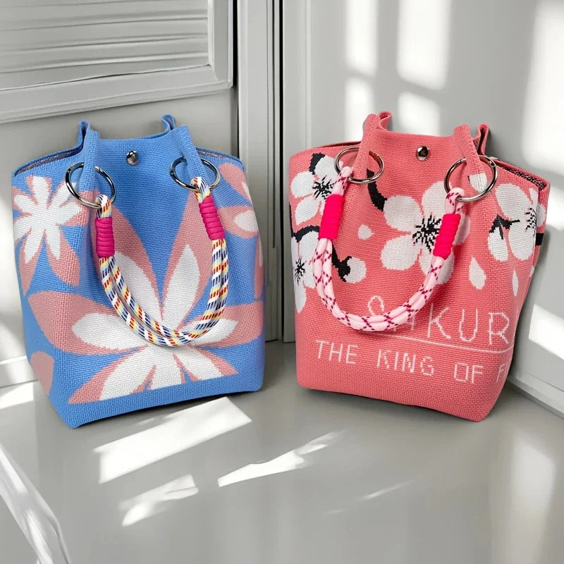 Women’s Vintage Floral Knit Tote Bag – Lightweight Shoulder Bag with Adjustable Straps & Snap Closure