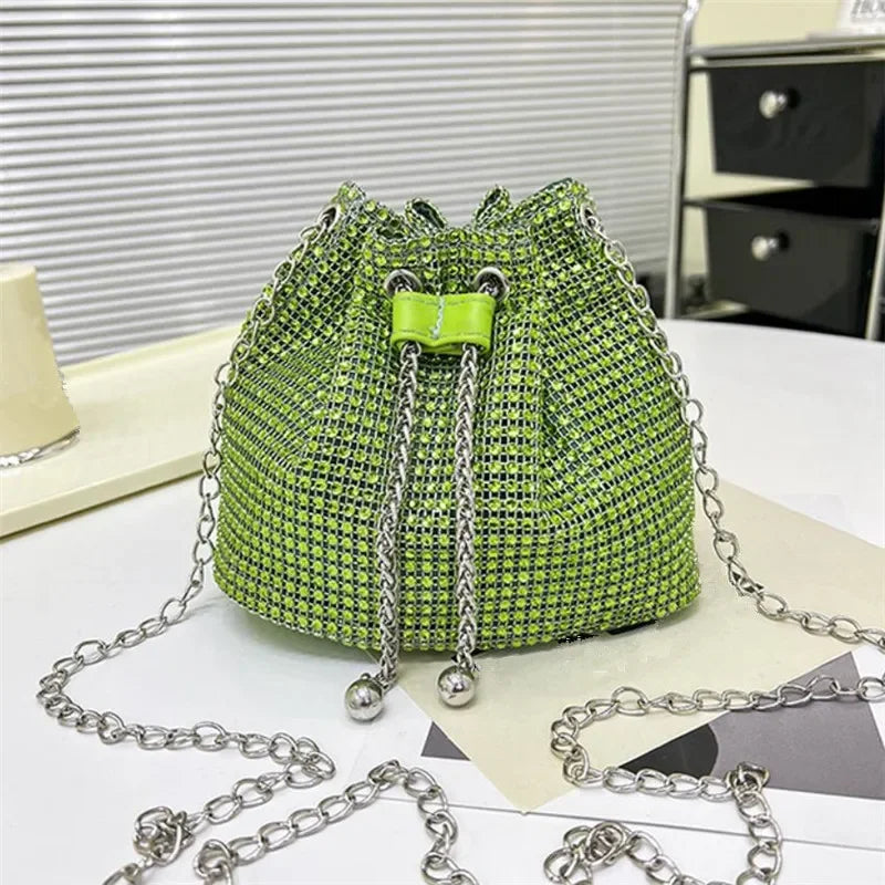 Sparkling Rhinestone Drawstring Bucket Bag – Multi‑Functional Crossbody with Detachable Chain