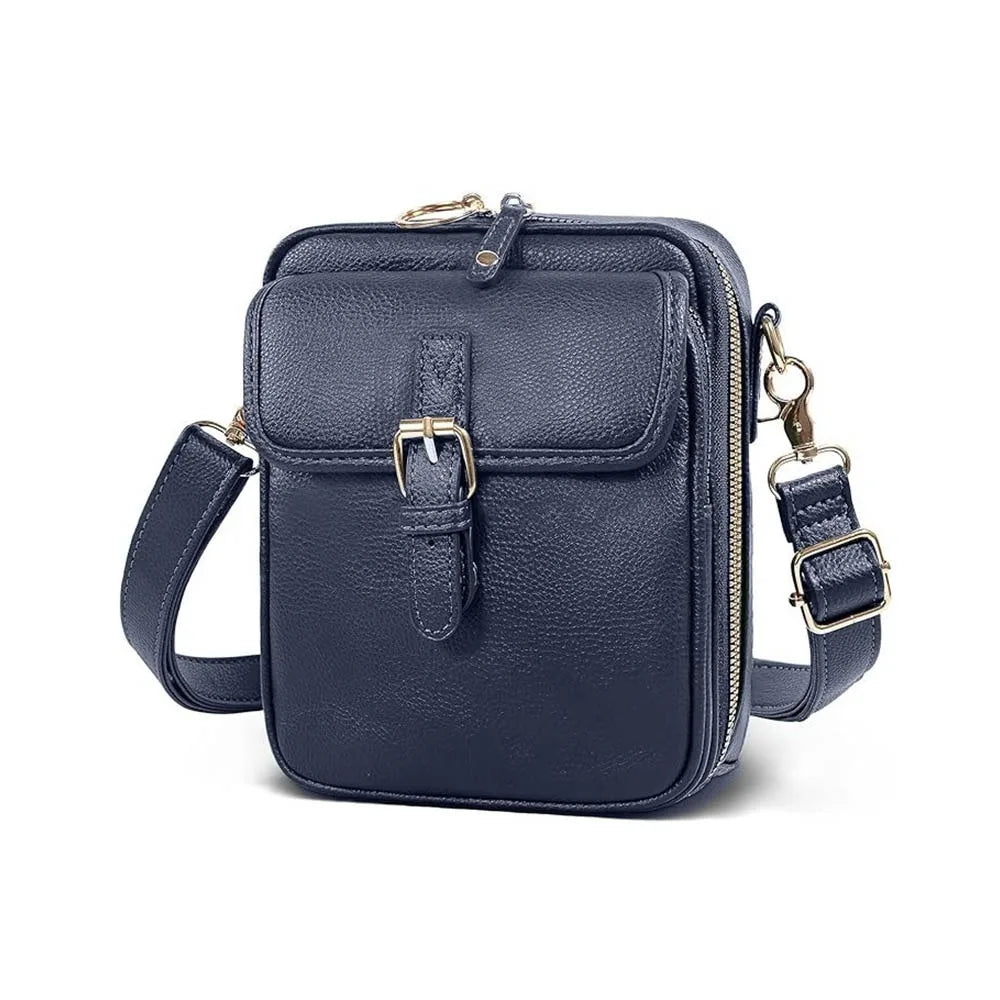 Vintage PU leather crossbody bag in Navy Blue with gold-tone buckle and adjustable strap