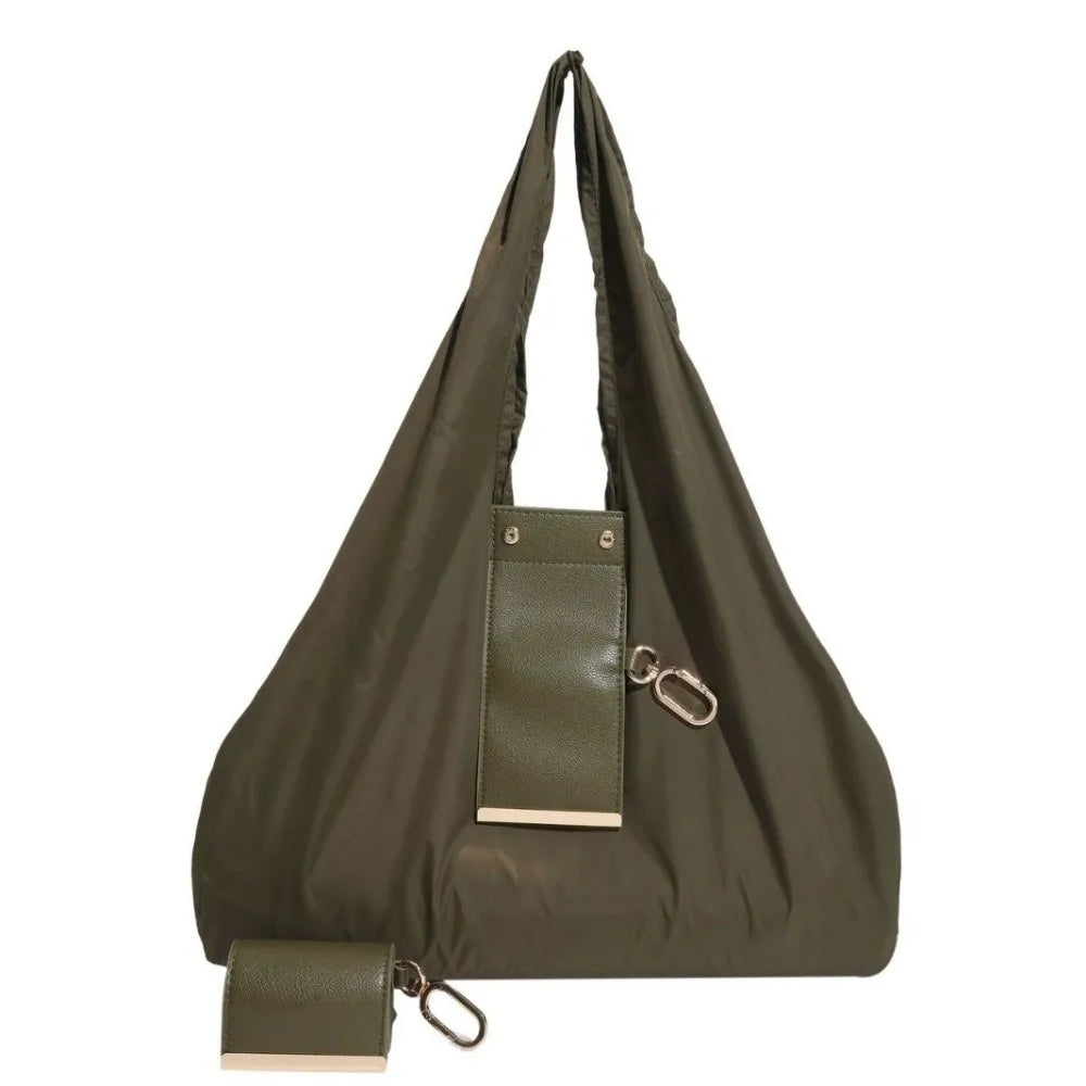 Reusable Mini Keychain Tote Bag in Green – foldable eco-friendly shopping bag with lux leather-look finish