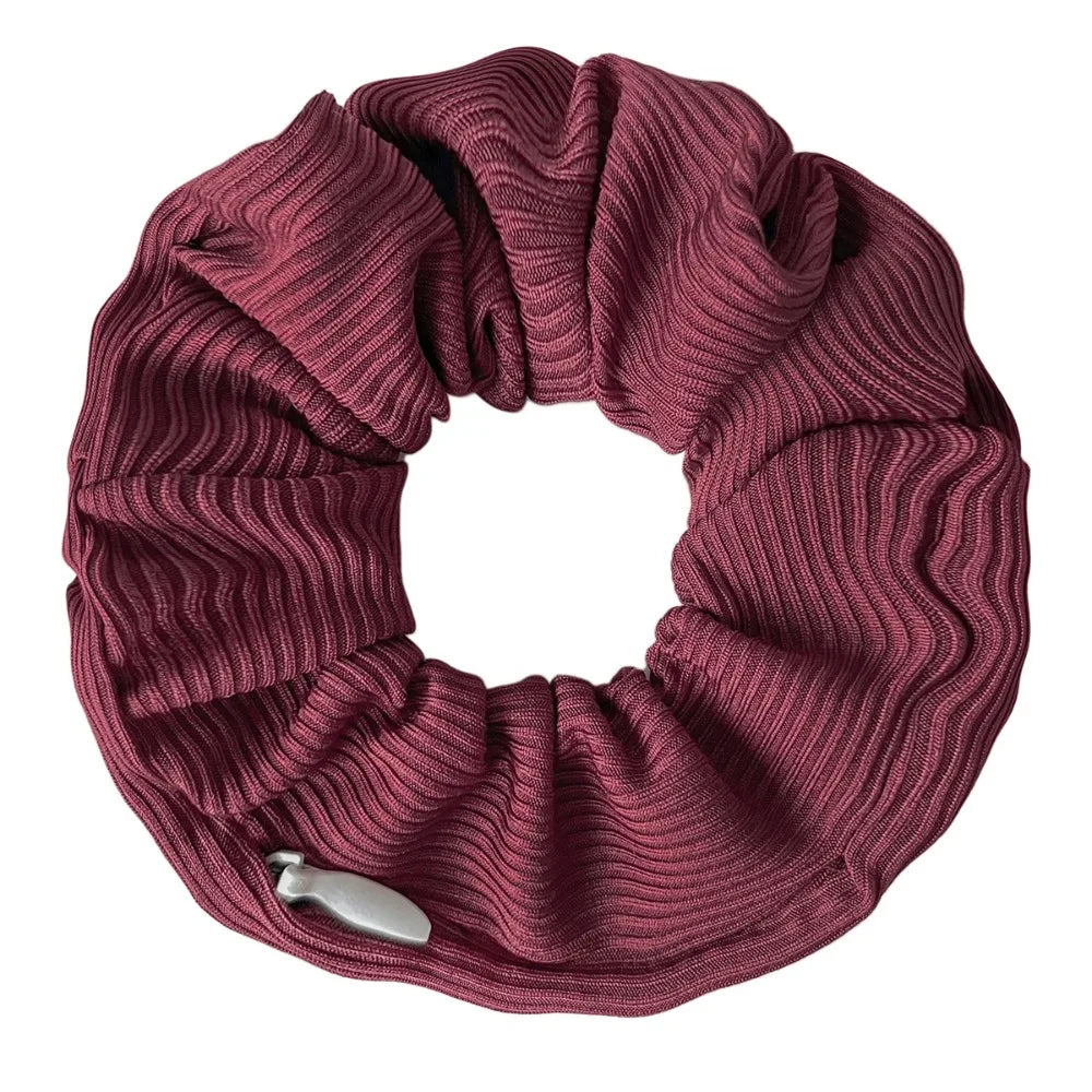 Hidden closure hair scrunchie in burgundy ribbed knit with zipper storage pocket