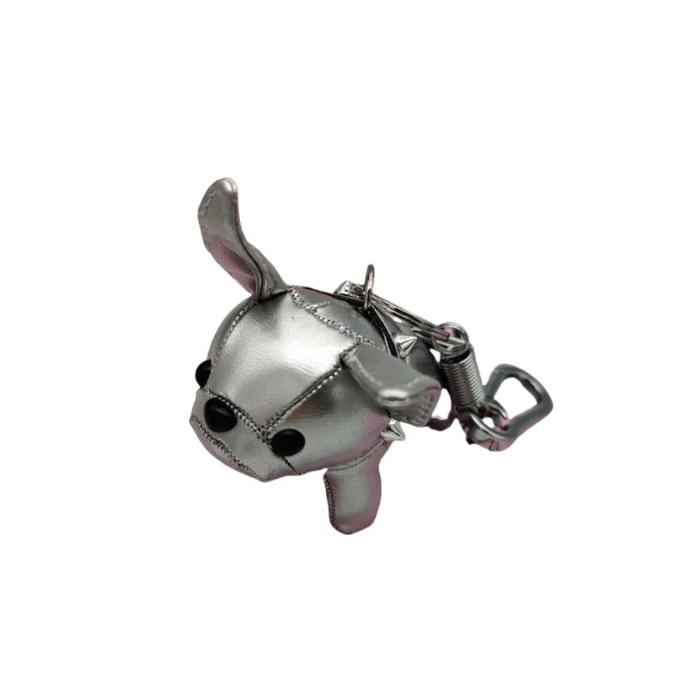 Silver kawaii French Bulldog leather keychain with carabiner clip — cute chubby dog bag charm in 10cm size