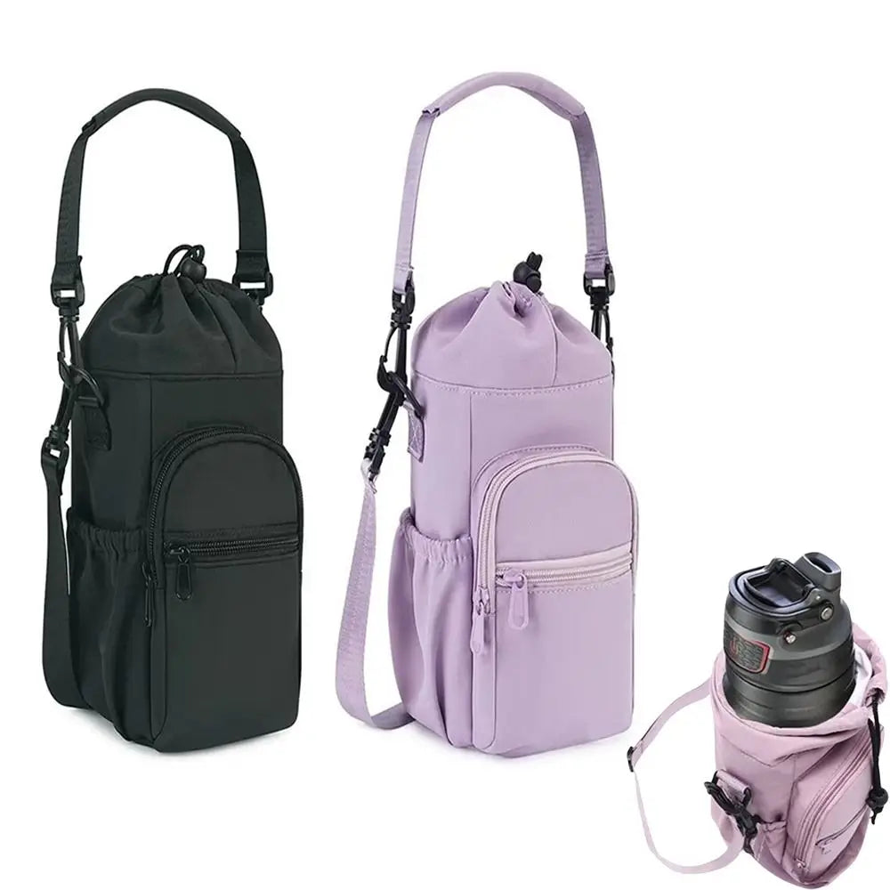 Insulated water bottle bag in black and lilac with insert showing a water bottle in lilac bag