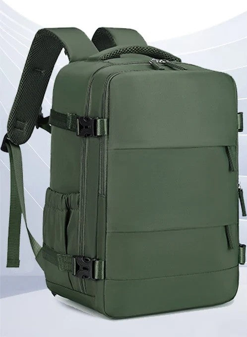 Olive drab 30L compression travel backpack with side pocket, compression buckles, and padded shoulder straps — foldable carry-on bag