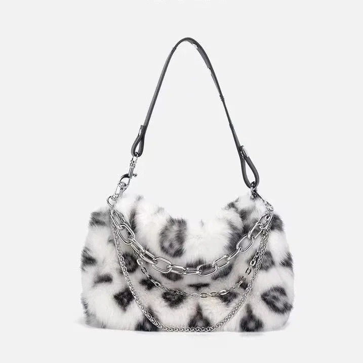 Faux Fur Leopard Print Shoulder Bag – Women's Fluffy Chain Handbag