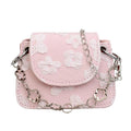 Mini floral embroidery flap bag in pink with silver clover-link chain strap