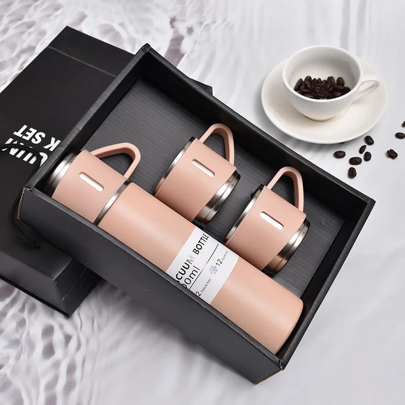 500ml stainless steel vacuum flask in pink gift set with two matching cups in premium black gift box 