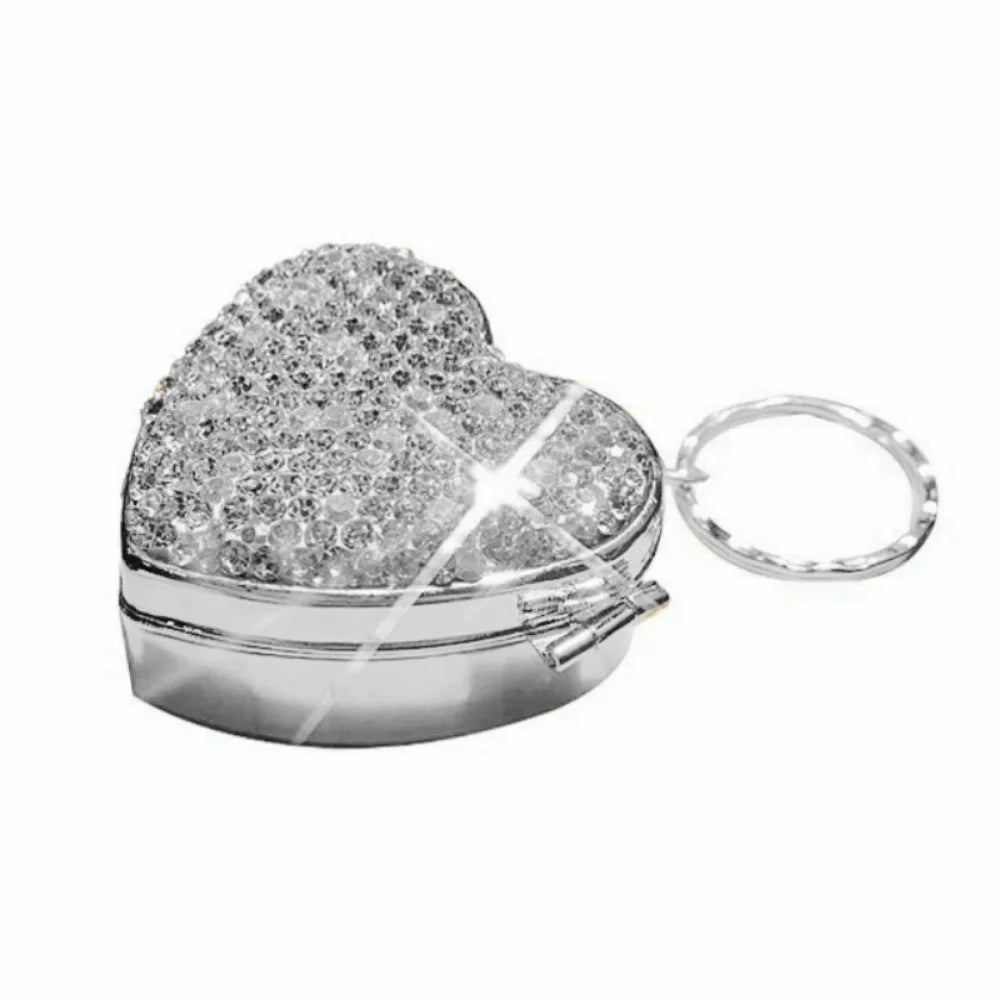 Shiny Rhinestone Heart Pill Box/Jewellery box – Mini Metal Travel Organizer with 2 Sections