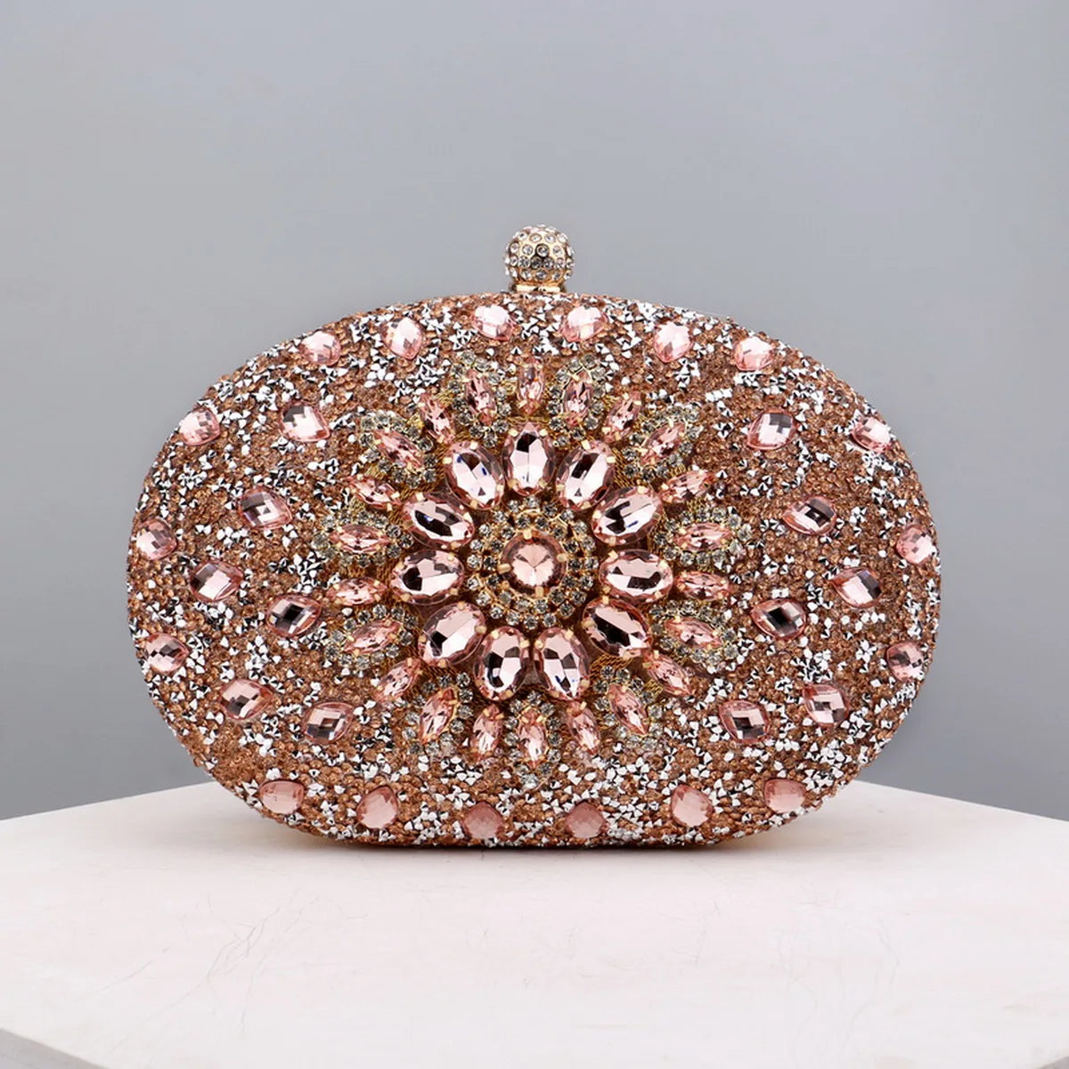 Flower Rhinestone Oval Clutch Purse – Sparkling Acrylic Evening Bag with Detachable Chain