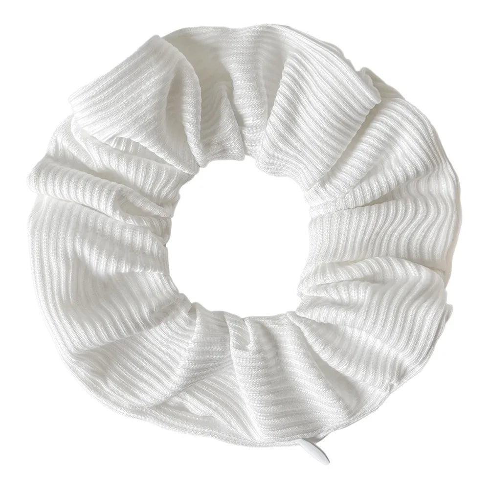 Hidden closure hair scrunchie in white ribbed knit with zipper storage pocket
