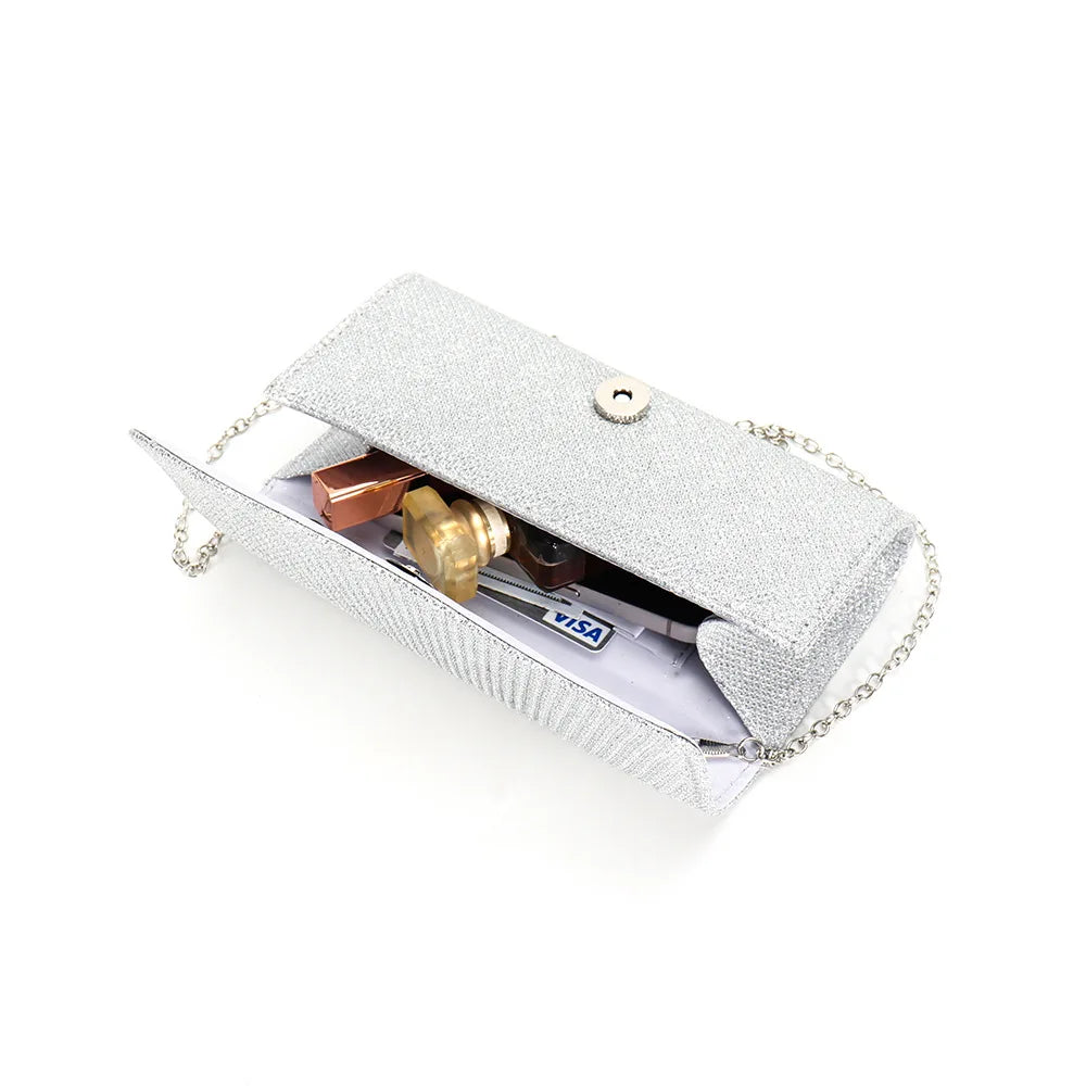 Glitter Fold Handbag – Shiny Envelope Evening Clutch with Chain