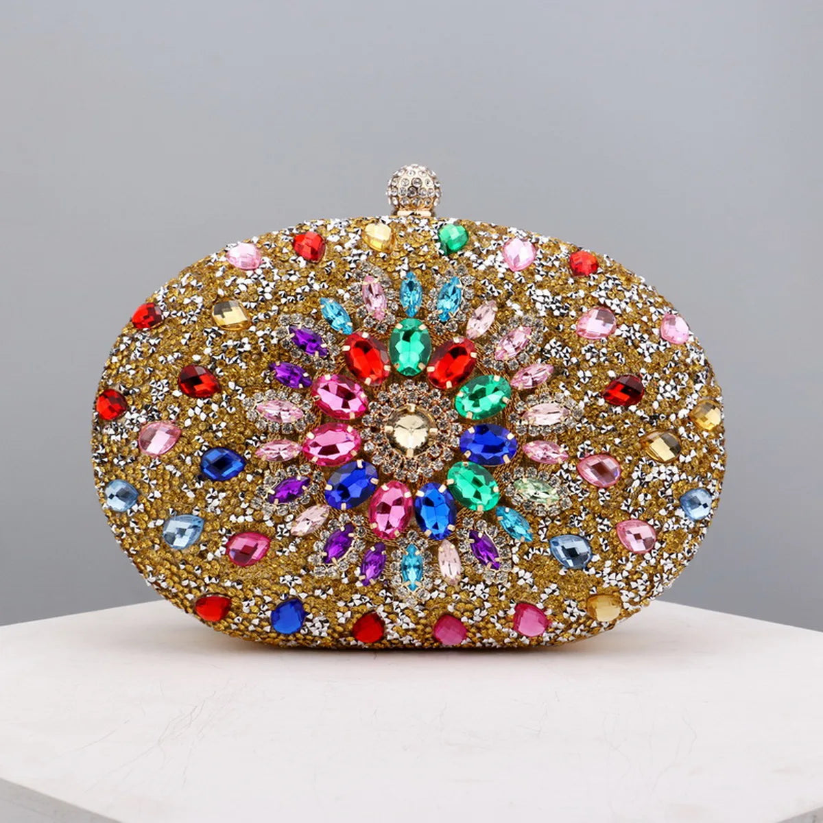 Flower Rhinestone Oval Clutch Purse – Sparkling Acrylic Evening Bag with Detachable Chain