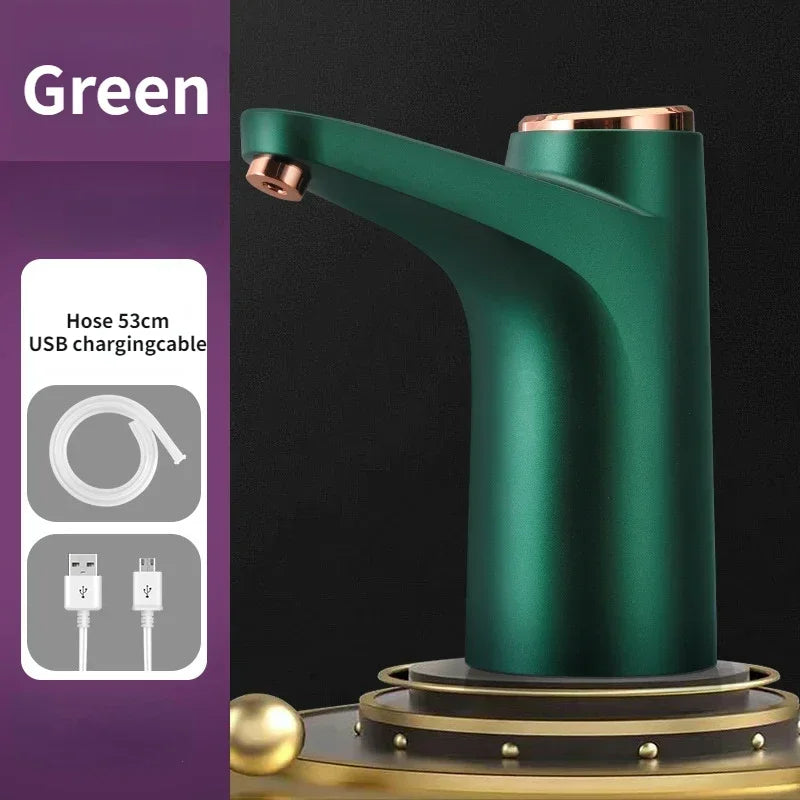 Green electric water pump filling a glass, with icons showing the cable and water pipe included