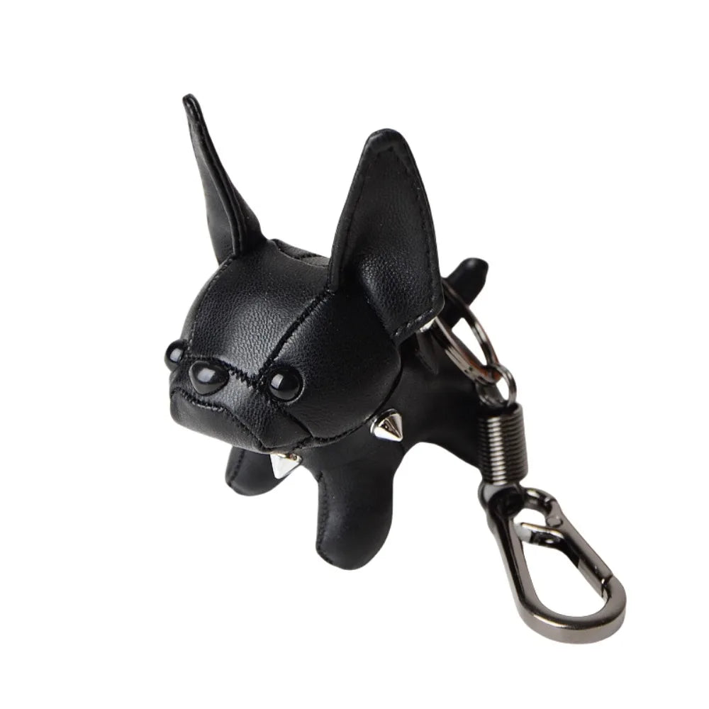 Black kawaii French Bulldog leather keychain with carabiner clip and silver spike collar — cute chubby dog bag charm