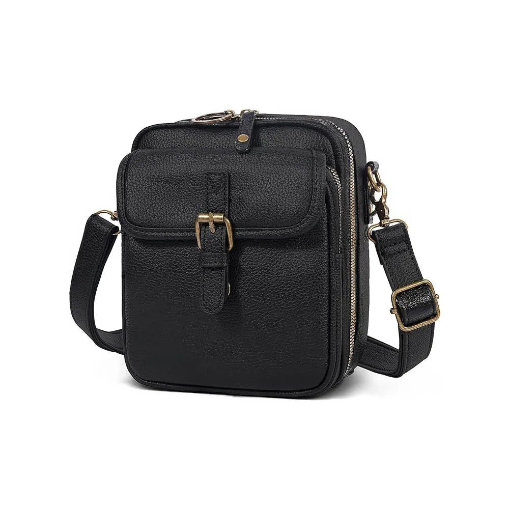 Vintage PU leather crossbody bag in black showing gold-tone buckle and adjustable strap