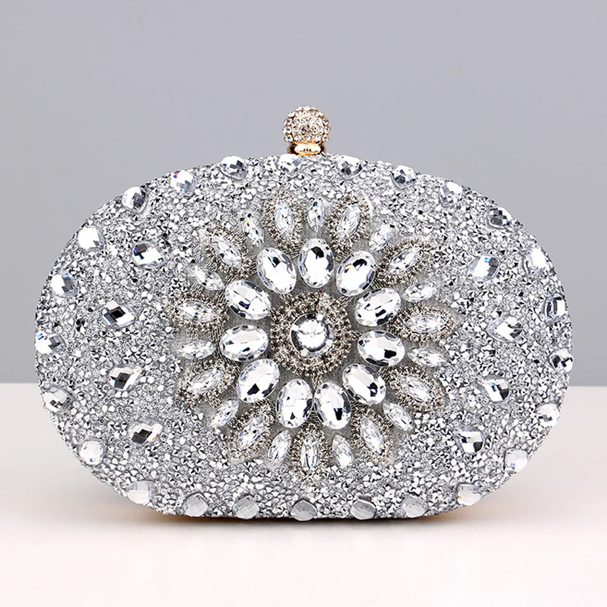 Flower Rhinestone Oval Clutch Purse – Sparkling Acrylic Evening Bag with Detachable Chain