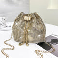  Rhinestone drawstring bucket bag in gold with gold chain handle and detachable crossbody strap