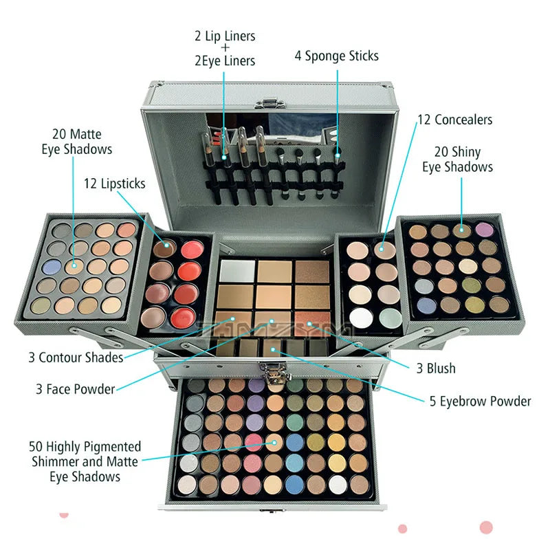 Labelled diagram of the open makeup train case showing 90 eyeshadows, 12 lipsticks, 12 concealers, 3 contour shades, 3 blushers, 5 eyebrow powders, lip liners, eyeliners and sponge applicators