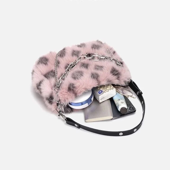 Faux Fur Leopard Print Shoulder Bag – Women's Fluffy Chain Handbag