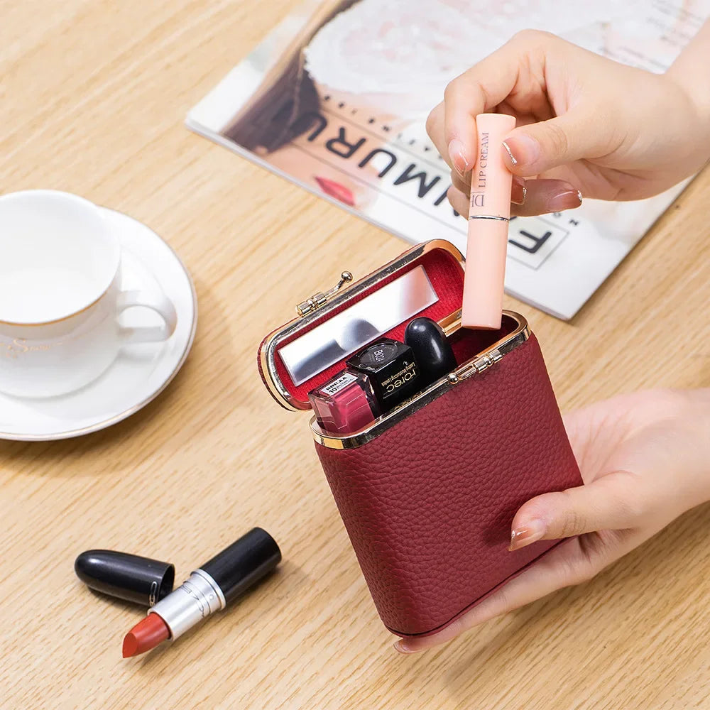 Mini Leather Makeup Case with Built‑In Mirror – Portable Lipstick & Cosmetic Storage