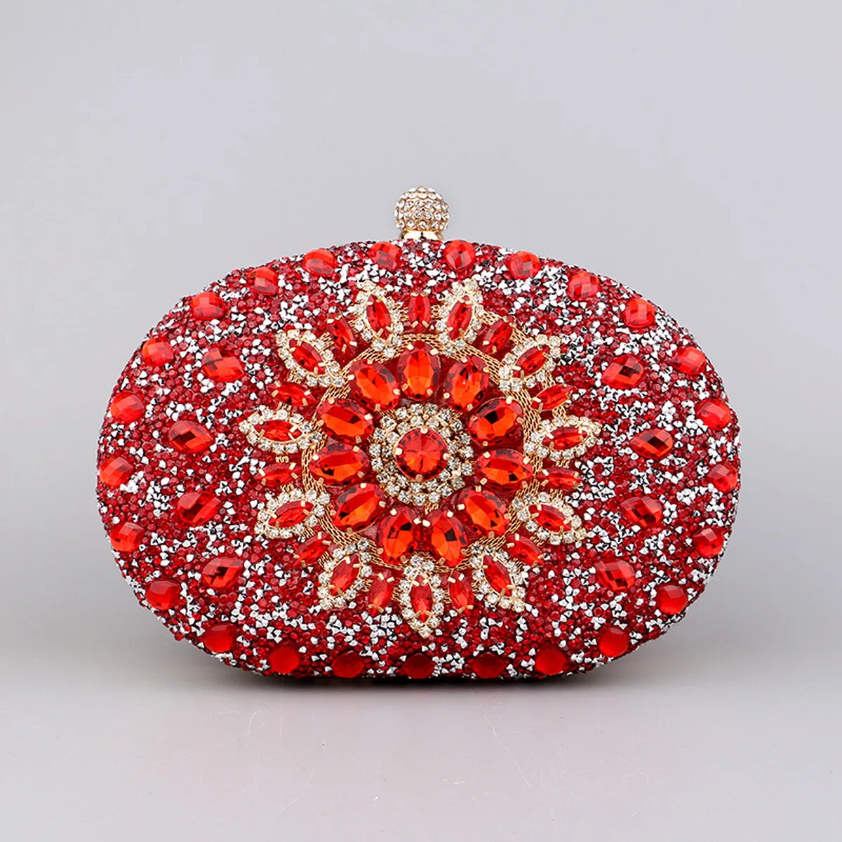 Flower Rhinestone Oval Clutch Purse – Sparkling Acrylic Evening Bag with Detachable Chain