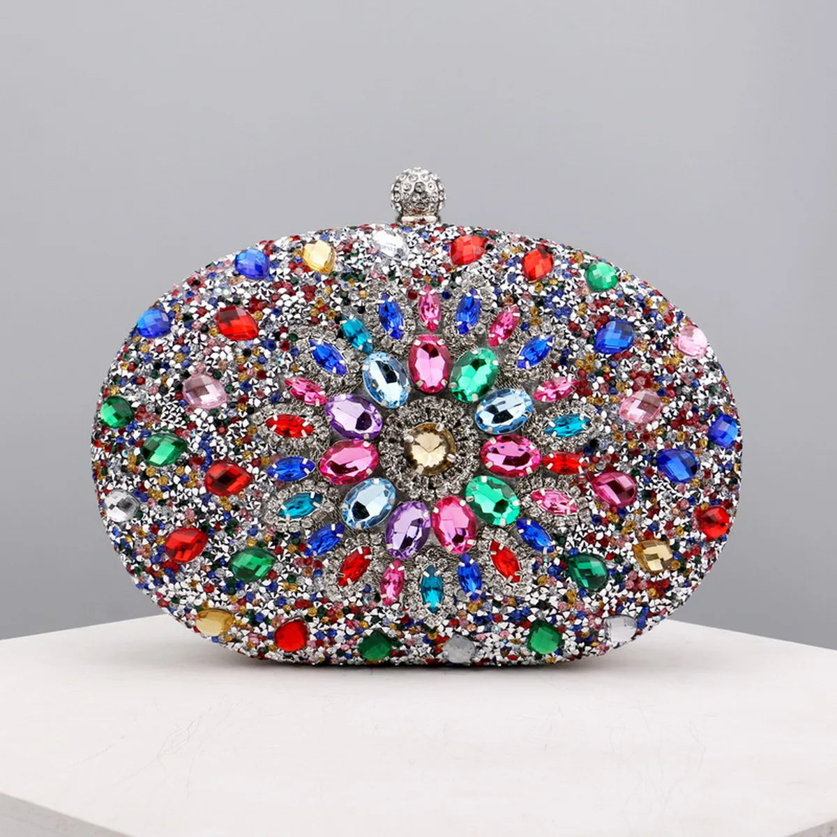 Flower Rhinestone Oval Clutch Purse – Sparkling Acrylic Evening Bag with Detachable Chain