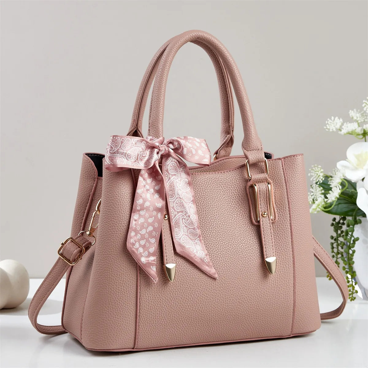 Musk women's soft square shoulder bag with cream scarf tie bow detail and adjustable crossbody strap