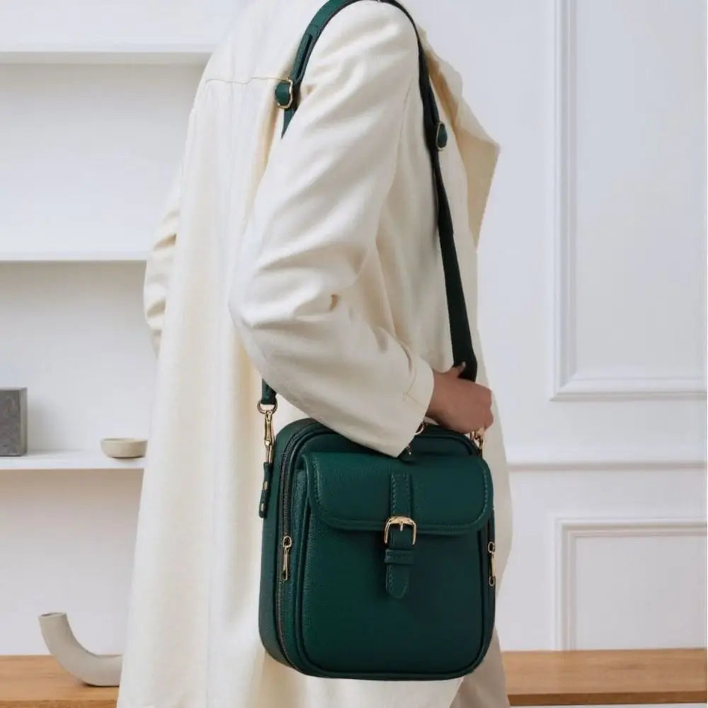 Vintage PU leather crossbody bag worn crossbody on woman showing fit and size