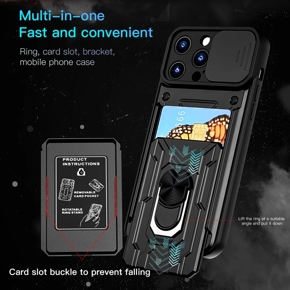 Shockproof iPhone Case with Card Slot & Kickstand – Camera Protection Ring Cover