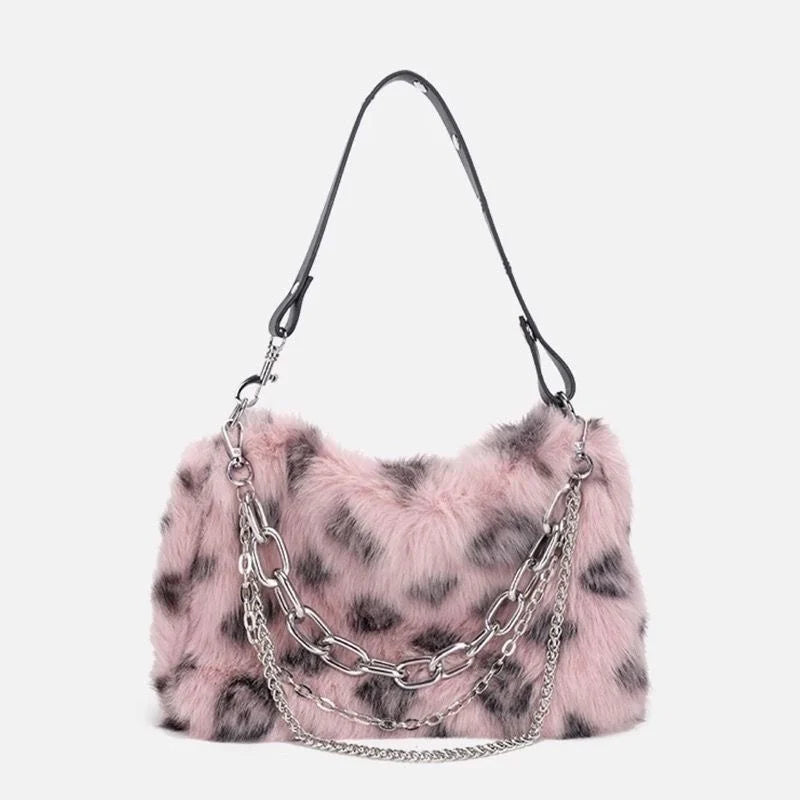 Faux Fur Leopard Print Shoulder Bag – Women's Fluffy Chain Handbag