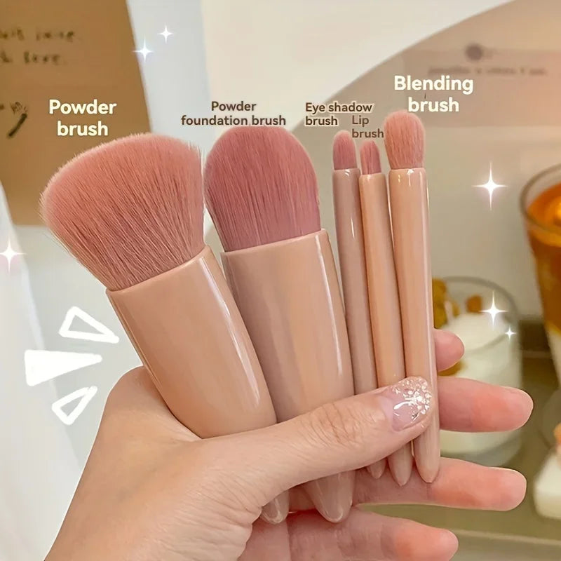 5Pcs Portable Mini Makeup Brush Set With Mirror Foldable Travel Cosmetic Brush Kit for Daily Makeup & Travel Use