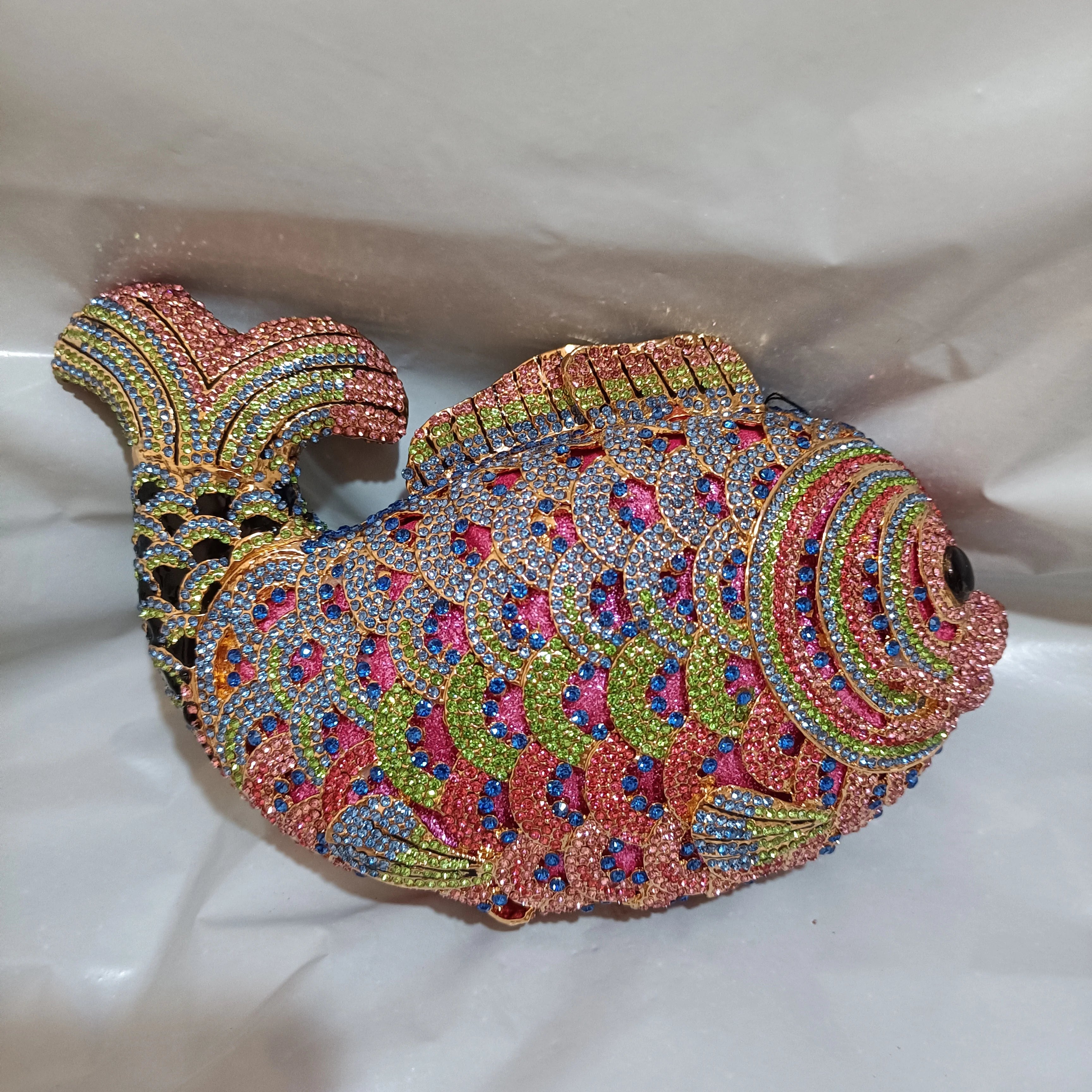 Fish Rhinestone Evening Clutch – Gold Crystal Minaudière Wedding & Party Handbag