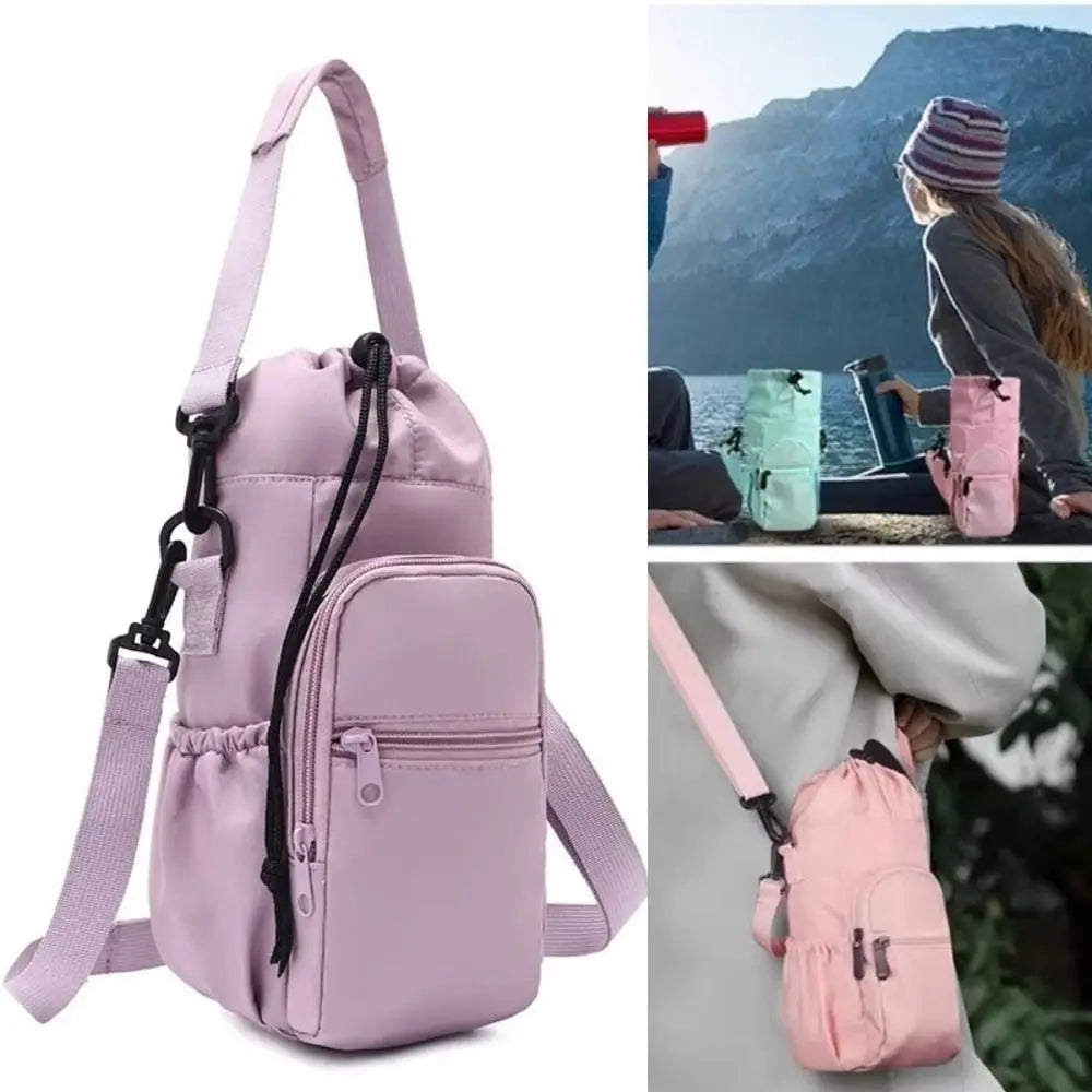 Insulated water bottle bag in purple side profile showing drawstring top, front zip pocket, elastic side pocket and adjustable strap with black buckle clips. Lifestyle shots