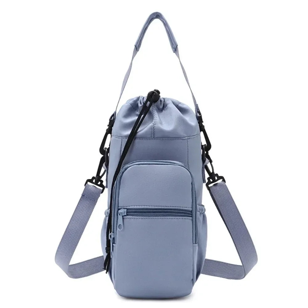 Insulated water bottle bag in blue with adjustable crossbody strap and front zip phone pocket