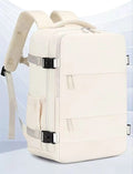 Beige 30L compression travel backpack with compression buckles, front pocket, and padded shoulder straps — lightweight boarding bag