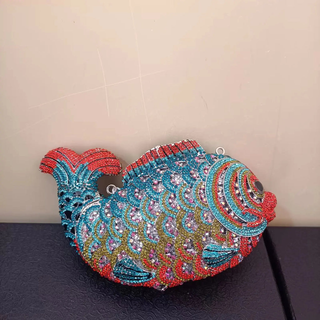Fish Rhinestone Evening Clutch in Blue and Orange — crystal rhinestone fish minaudière on dark background