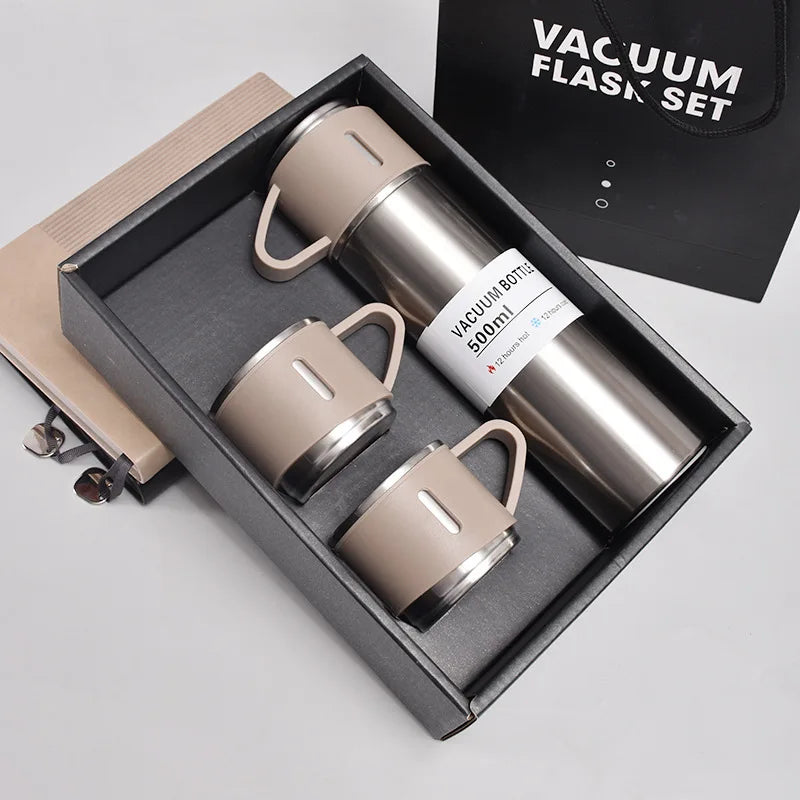 500ml stainless steel vacuum flask in silver gift set with two matching cups in premium black gift box