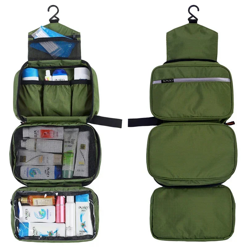 Military Green hanging toiletry bag unrolled, shown filled with toiletries and the outside of bag