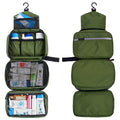Military Green hanging toiletry bag unrolled, shown filled with toiletries and the outside of bag