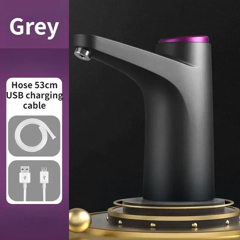 Grey electric water pump with a 53 cm hose and USB charging cable