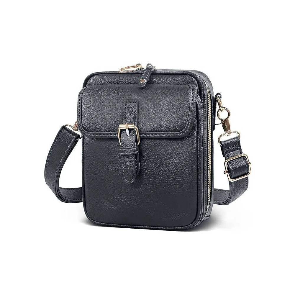 Vintage PU leather crossbody bag in grey with gold-tone buckle front pocket and adjustable crossbody strap