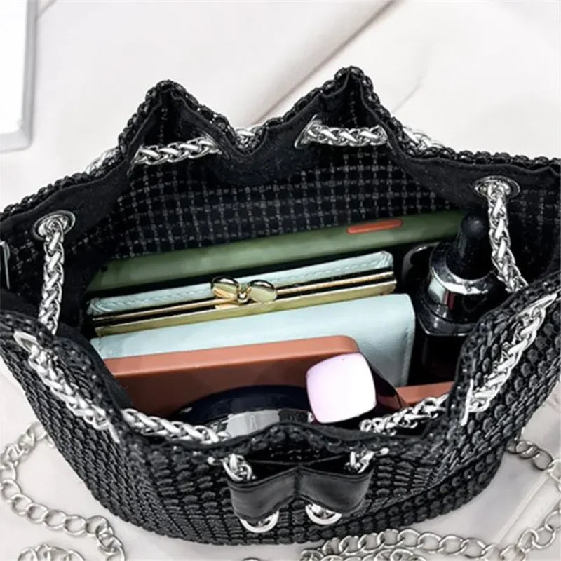 Sparkling Rhinestone Drawstring Bucket Bag – Multi‑Functional Crossbody with Detachable Chain